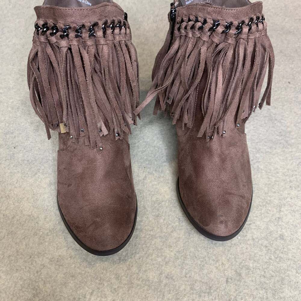 Not Rated Ayita Taupe Fringe & Chain Western Ankle Booties - Picture 1 of 7